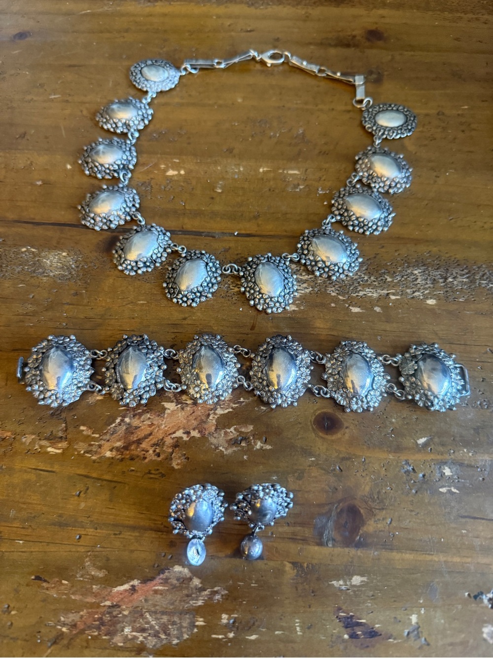 Taxco Artisan Mexico Sterling Silver Floral Ovals Necklace Bracelet Earring Set